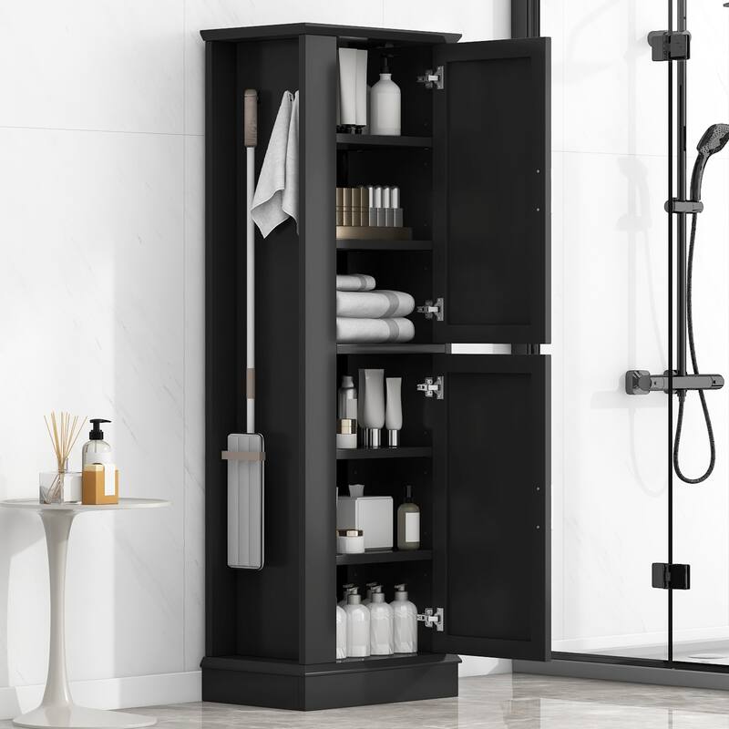 Tall Bathroom Storage Cabinet, Freestanding Storage Cabinet with Hook and Adjustable Shelf, MDF Board, Black - Black
