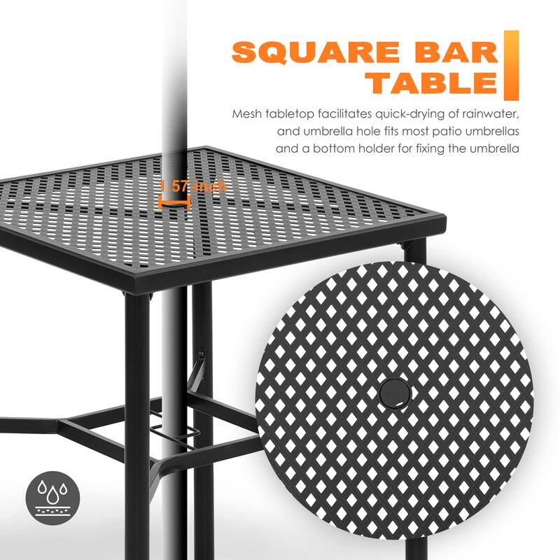 Outdoor 28" Square Bar Table with Mesh Top and 1.57" Umbrella Hole