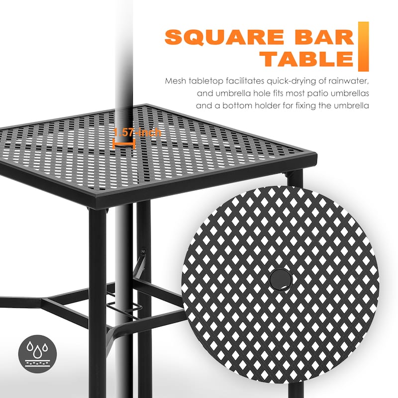 Outdoor 28 Inch Square Bar Table with Mesh Top and 1.57-Inch Umbrella Hole