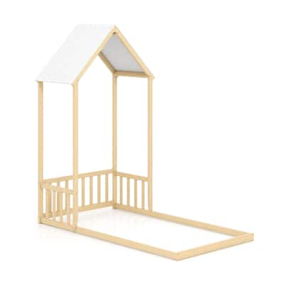 Twin Size Wooden Montessori Floor Bed with House Shape Frame and Semi-Fence Railings for Kids Room