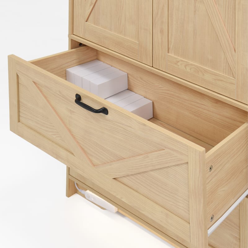 4-Door Wardrobe Closet with Mirror & LED Light, Wooden Storage Cabinet with Hanging Rod & Adjustable Shelves