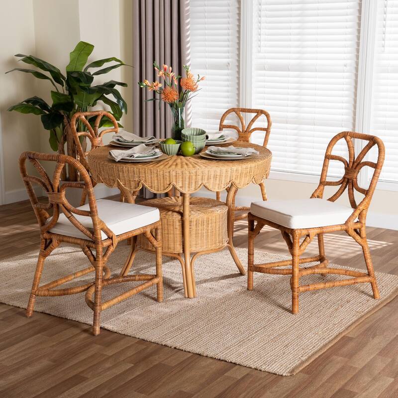 Trenton 5-Piece Rattan Dining Set - Round Wicker Table with Scallop Edge and 4 Side Chairs, Handwoven Boho Coastal Style