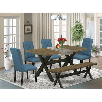 6-Piece Rectangle Distressed Jacobean Finish Solid Wood Top Dining Table with 1-Bench, 4-Chairs with