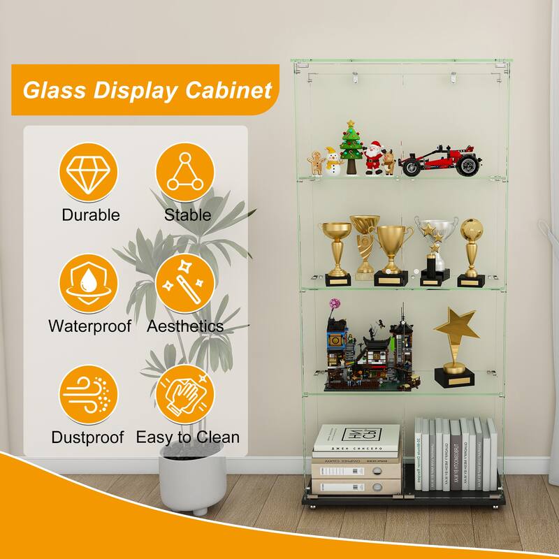 Roomfitters Glass Display Cabinet with Lighting, 4 Tier Curio Case for Collectibles, Floor Standing Showcase, Black