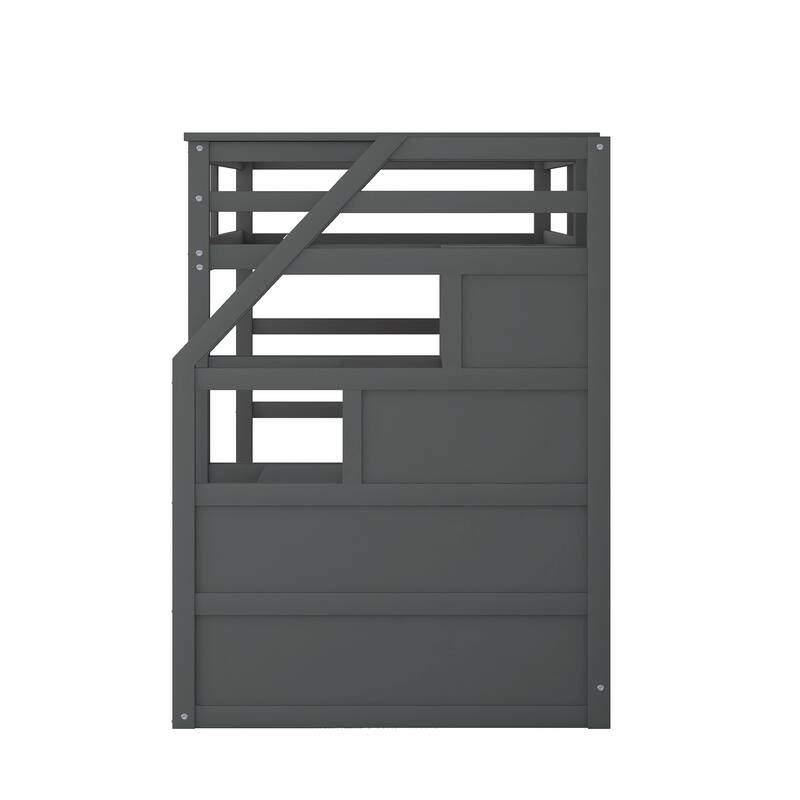 Twin-Over-Twin Bunk Bed with Trundle and Storage Stairs, Gray