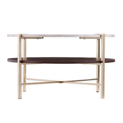 33” Round Faux Marble Coffee Table in Glossy Brass Finish with Metal Legs and Open Storage - 33.25”L x 33.25”W x 18”H