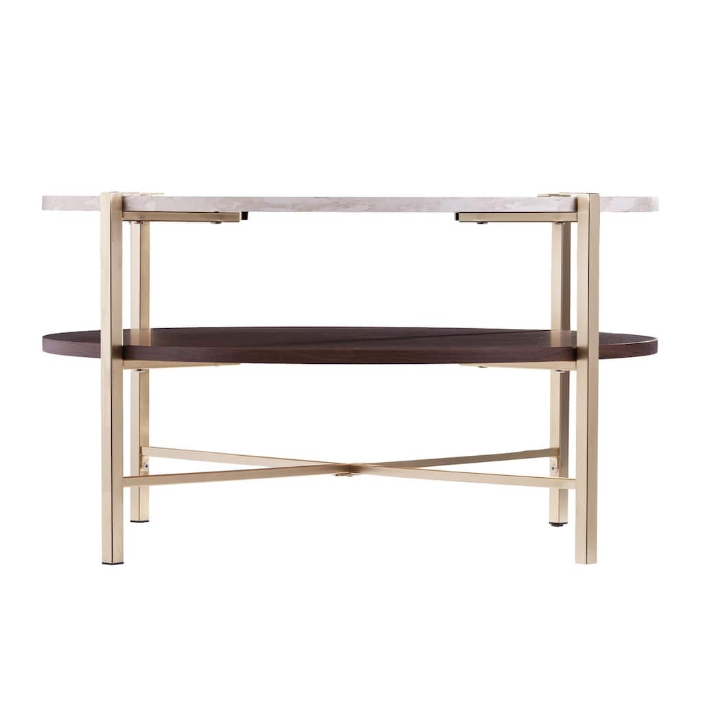 33” Round Faux Marble Coffee Table in Glossy Brass Finish with Metal Legs and Open Storage - 33.25”L x 33.25”W x 18”H