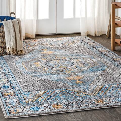 Izmit Geometric Vintage Medallion Gray/Mustard/Turquoise Area Rug