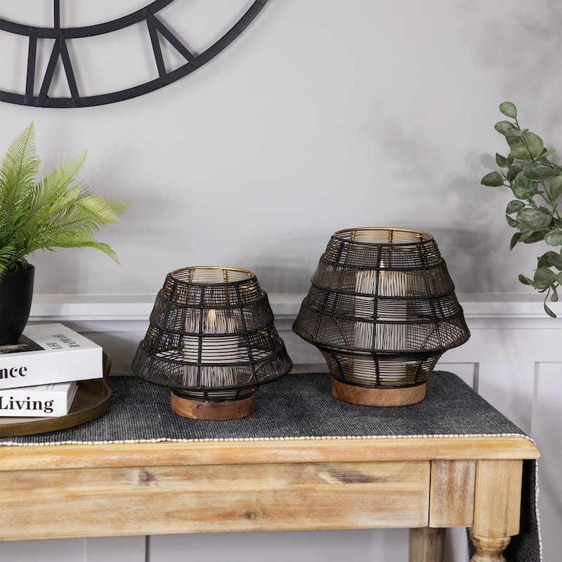 Small Woven Iron Pillar Candle Holder with Wooden Base - 7.25" - Black