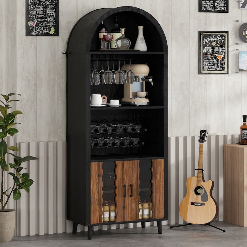 71"Farmhouse Arched Wine Bar Cabinet, Arch Cabinets &Coffee Bar, Whiskey Station With Wine Rack And Wine Glass Holder - Black+Natural