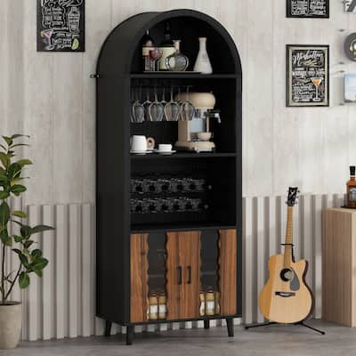 71"Farmhouse Arched Wine Bar Cabinet, Arch Cabinets &Coffee Bar, Whiskey Station With Wine Rack And Wine Glass Holder