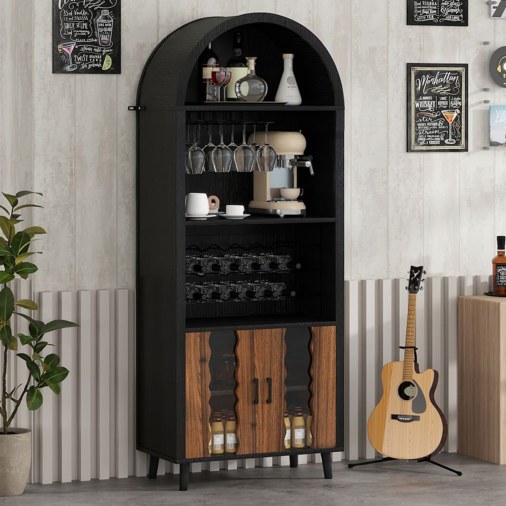 71"Farmhouse Arched Wine Bar Cabinet, Arch Cabinets &Coffee Bar, Whiskey Station With Wine Rack And Wine Glass Holder
