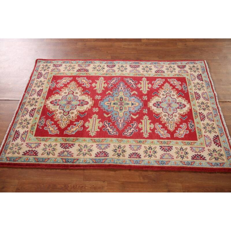 Geometric Red Kazak Accent Rug Handmade Wool Carpet - 3'4"x 5'1"