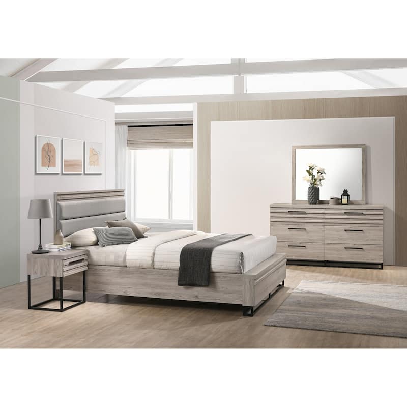 Roundhill Furniture Alvear Upholstered Wood Panel Bed, Dresser, Mirror, 2 Nightstands, and Chest, Weathered Gray