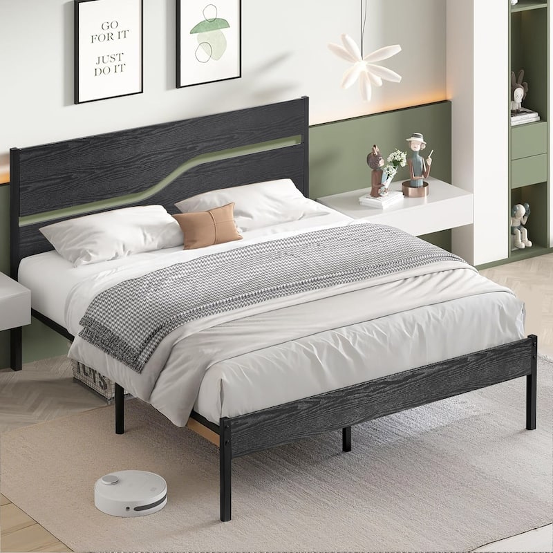 VECELO Beds Industrial Platform Bed Frame with Wood Headboard,Easy Set up