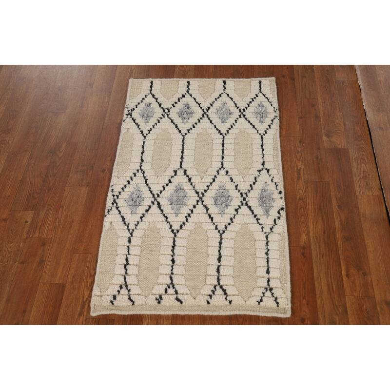 Geometric Trellis Moroccan Indian Accent Rug Handmade Wool Carpet - 2'0"x 3'0"