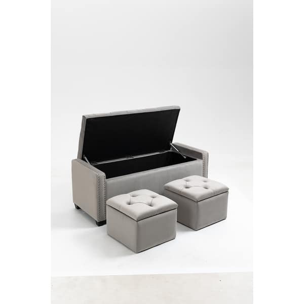 Set of 3 Upholstered Storage Ottoman with Tufted Top and Solid Wood ...