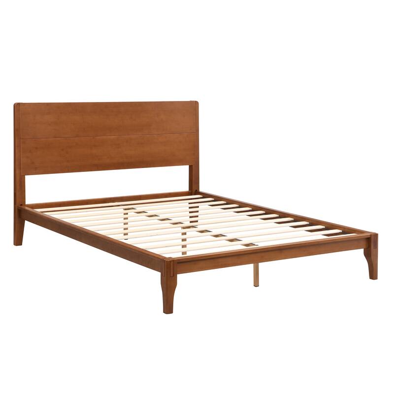 Bamboo Wood Platform Bed/Mid-Century Modern Bed Frame with Tall Headboard/Wood Slat Support/No Box Spring Needed/Easy Assembly