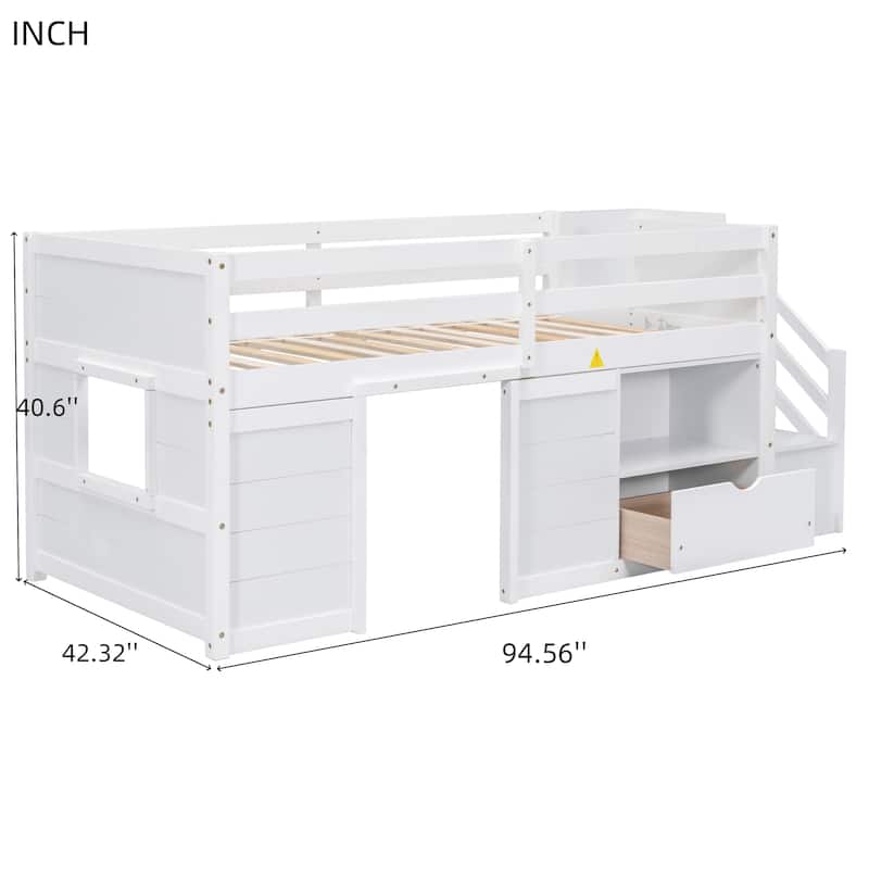 Nestfair TWIN BED, SOLID WOOD TWIN SIZE LOW LOFT BED WITH STAIR and DRAWER