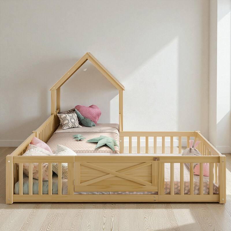 Twin/Full Size House Floor Bed with Door and Guardrails, Double Twin/Full Solid Wood Montessori Bed for Kids