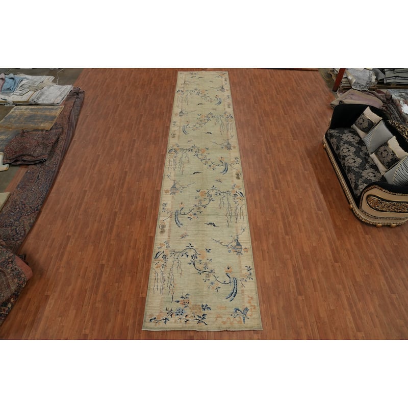 Hand Knotted Oriental 100% Wool Carpet Traditional Floral Green Ziegler Runner Rug - 23' 10'' X 4' 10''