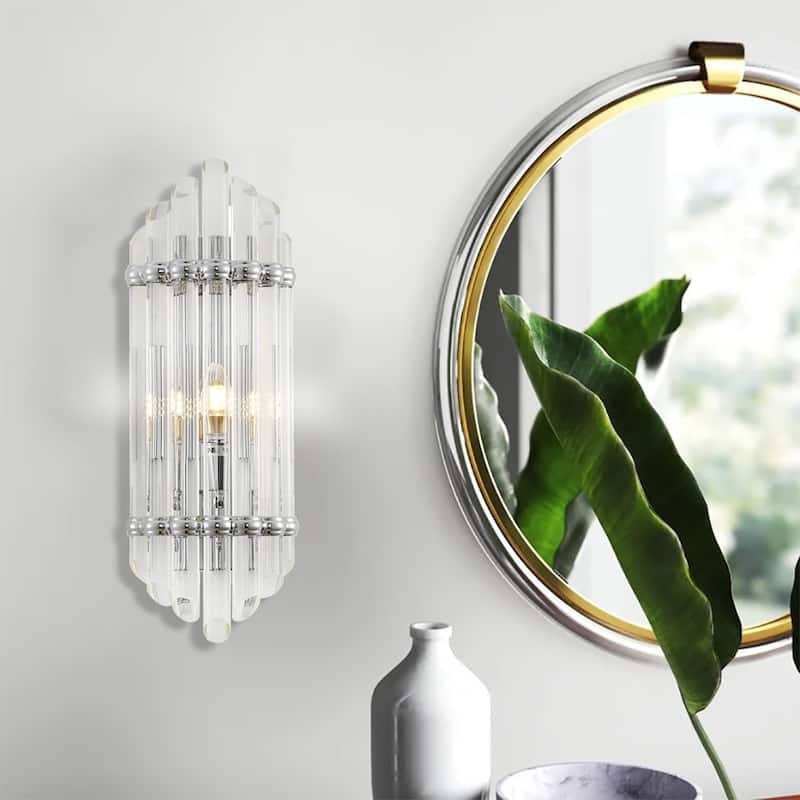 1 Light Shiny Nickel Metal Wall Sconce with Glass Rods