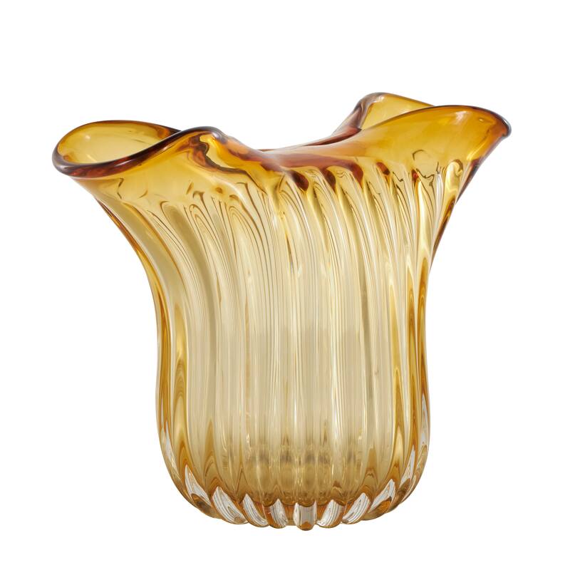 Orange Glass Ribbed Ombre Abstract Decorative Vase with Folded Curve Opening