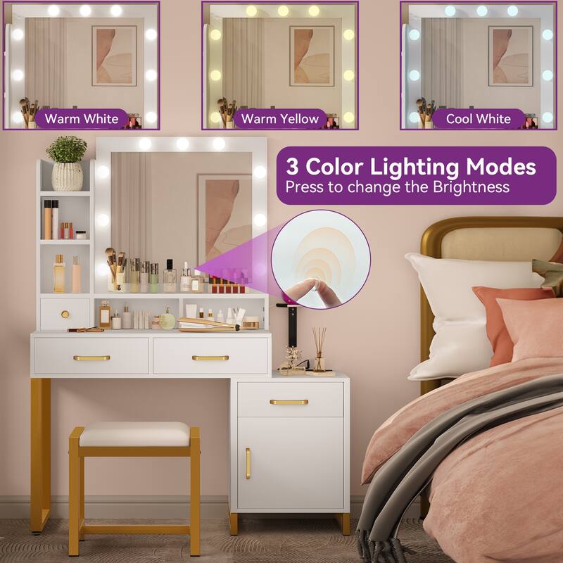 Moasis 42.1" Makeup Vanity Table with Stool and Mirror Bulbs - 42.1''L x 15.3''W x 53.9''H