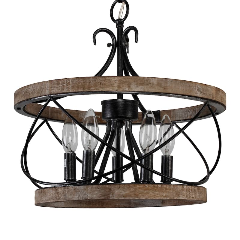 Bella Depot 5-Light Rustic Cage Wood Chandelier Dimmable Lighting, 15.7" Adjustable Farmhouse Pendant Light for Kitchen Island