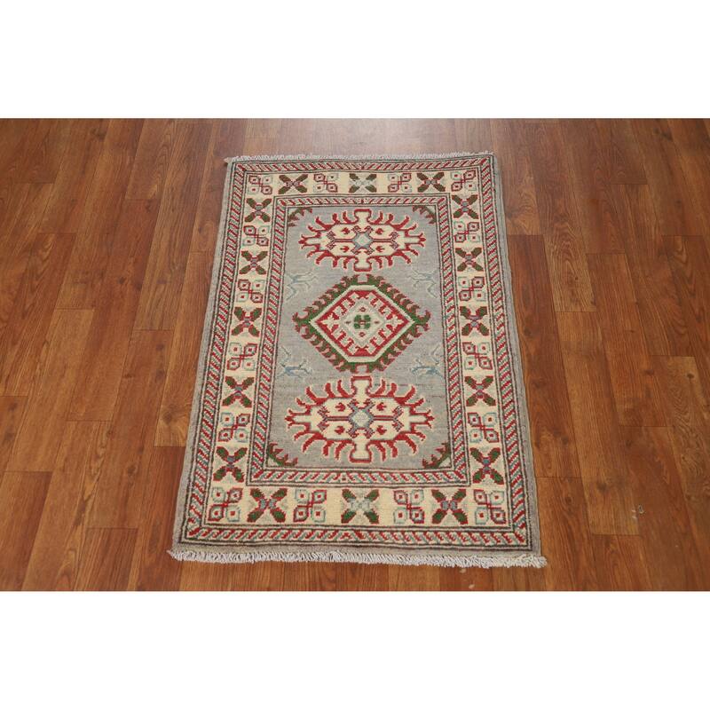 Gray Geometric Kazak Accent Foyer Rug Hand-Knotted Wool Carpet - 2'0"x 3'0"