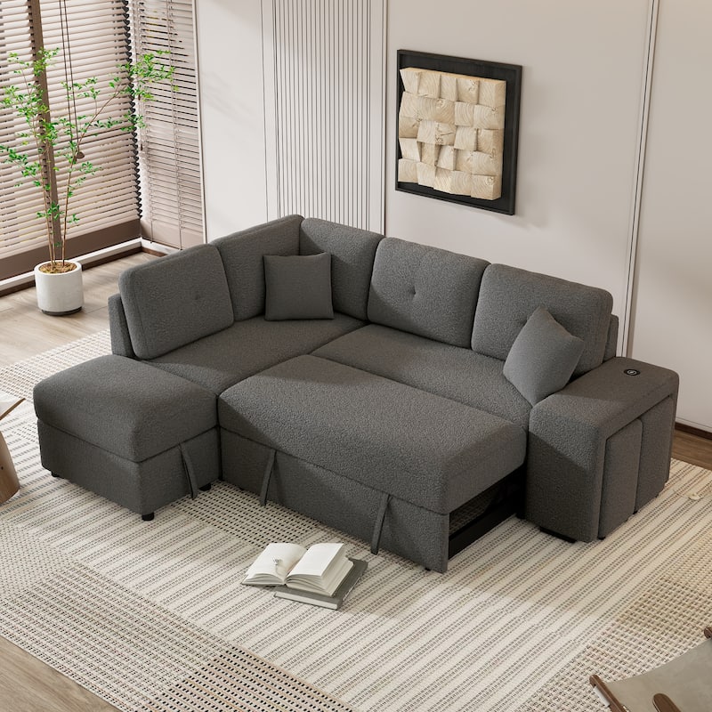 87.7" Convertible Sleeper, Sectional Pull Out Sofa Bed with Storage Ottoman, 2 Throw Pillows, 2 Stools, Wireless Charger and Two