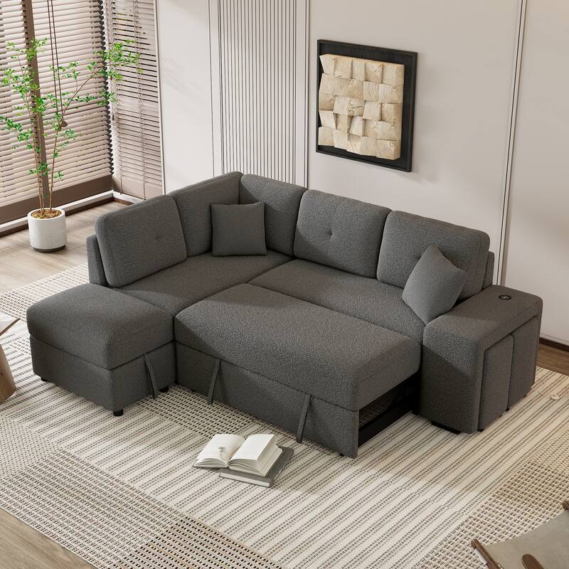 Convertible Sleeper,Sectional Pull Out Sofa Bed with Storage Ottoman,2 Throw Pillows,2 Stools,Dark Gray
