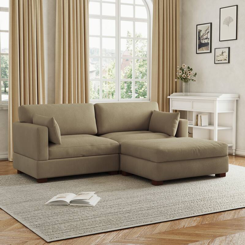 85in.W Corduroy Modular 3-Piece L-Shaped Sectional Sofa with Ottoman