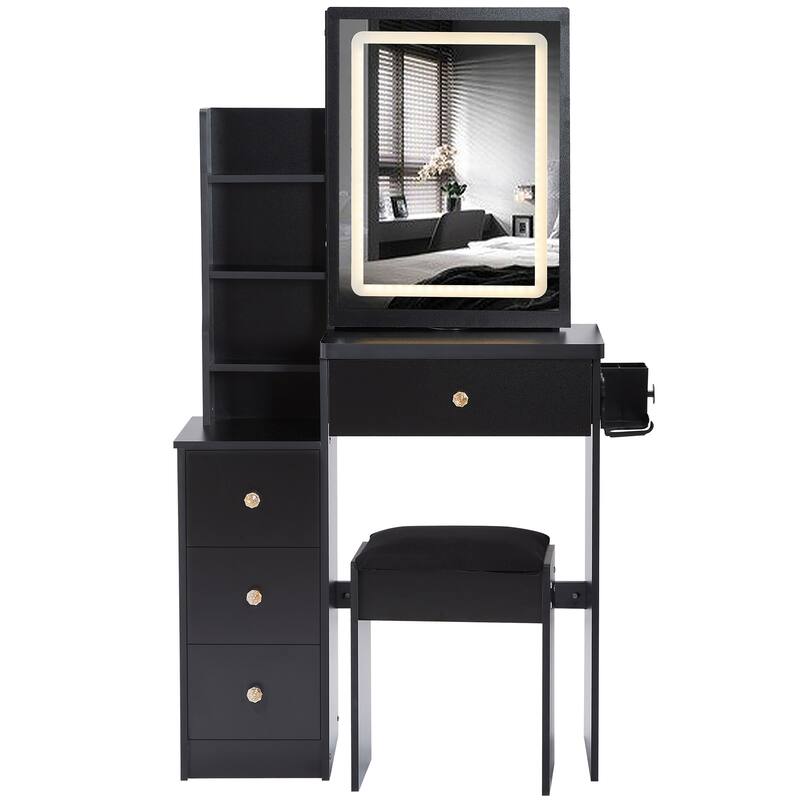 29.2" Small Size Left Bedside Cabinet Vanity Table + Cushioned Stool, 2 AC+2 USB Power Station, Hair dryer bracket