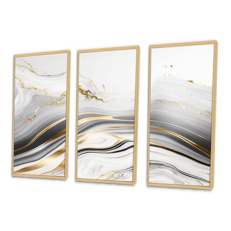 Designart "Abstract Geode Marble Waves Grey III" Modern Waves Framed Canvas Art Print - 3 Panels