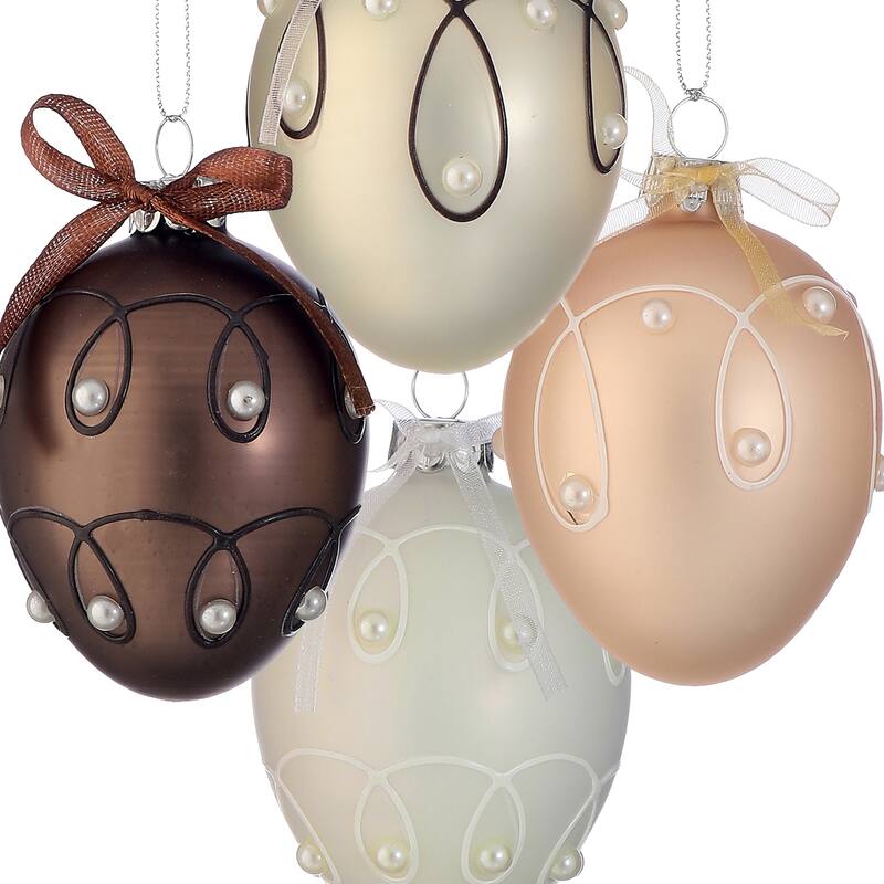 3"Glass With Pearl Chocolate Egg Ornament Box of 4