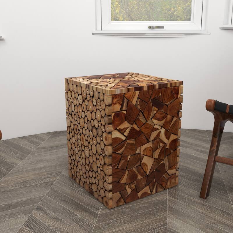Brown Teak Wood Handmade Square Block Side End Accent Table with Mosaic Wood Chip Design