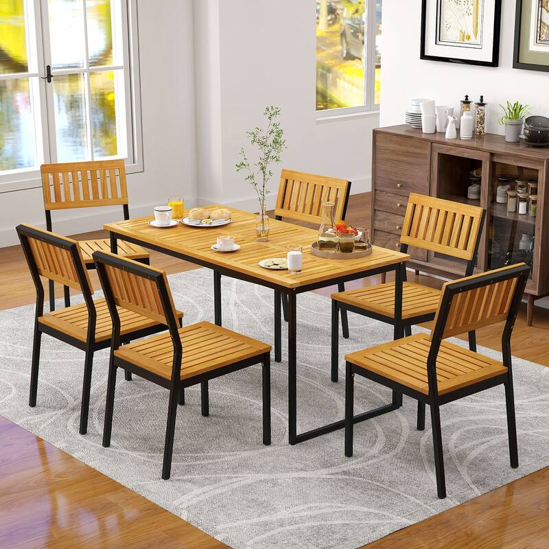 Gymax 3 PCS Outdoor Dining Set for 6 w/Acacia Wood Tabletop Metal
