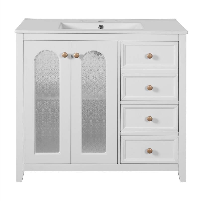 36'' Bathroom Vanity with Ceramic Sink Top, Bathroom Storage Cabinet with 2 Soft Close Doors, 3 Drawers and Adjustable Shelf