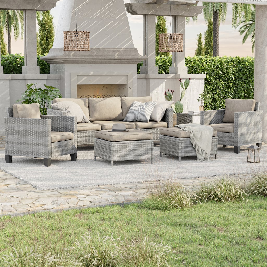LIVOOSUN 6Pcs Patio Furniture Conversation Gray Wicker Sofa Set w/Side Table
