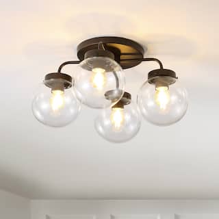 JONATHAN Y Julian 18" 4-Light Farmhouse Rustic Iron/Glass LED Semi Flush Mount, Oil Rubbed Bronze/Clear - 4 Light