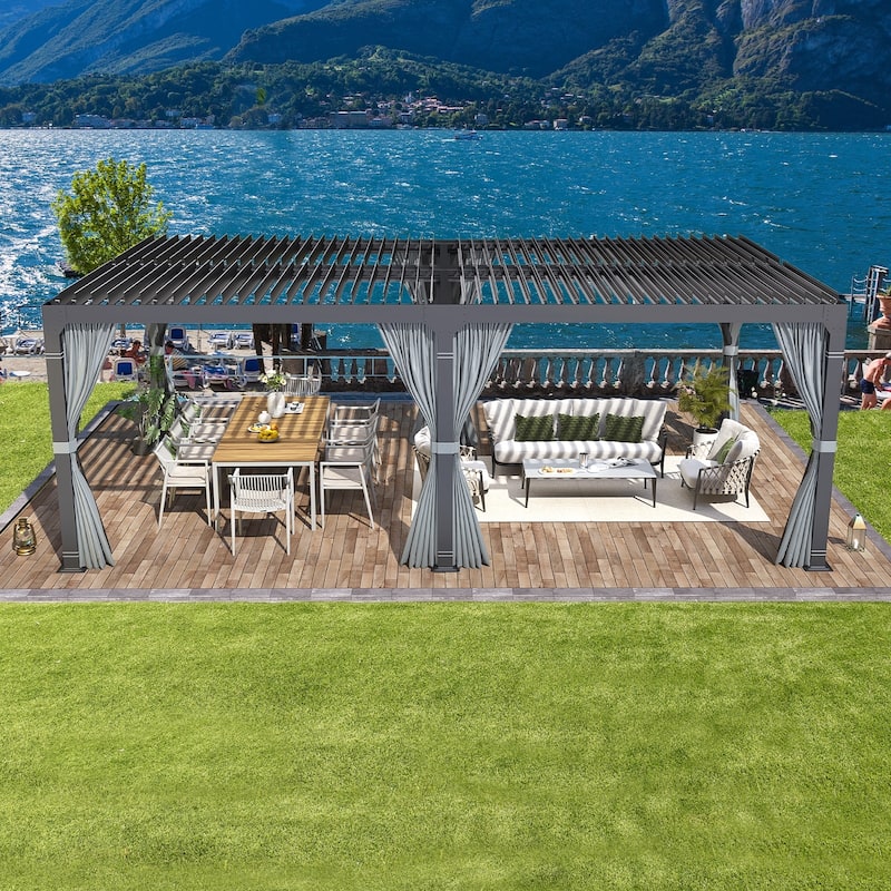 EROMMY Outdoor Louvered Pergola Gazebo with Adjustable Aluminum Rainproof Roof - 10'x20' - Dark Gray