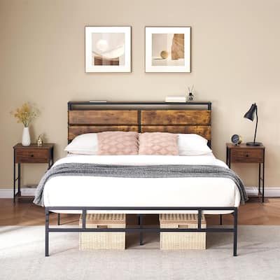 Metal Bed Frame with Wooden Headboard and Storage