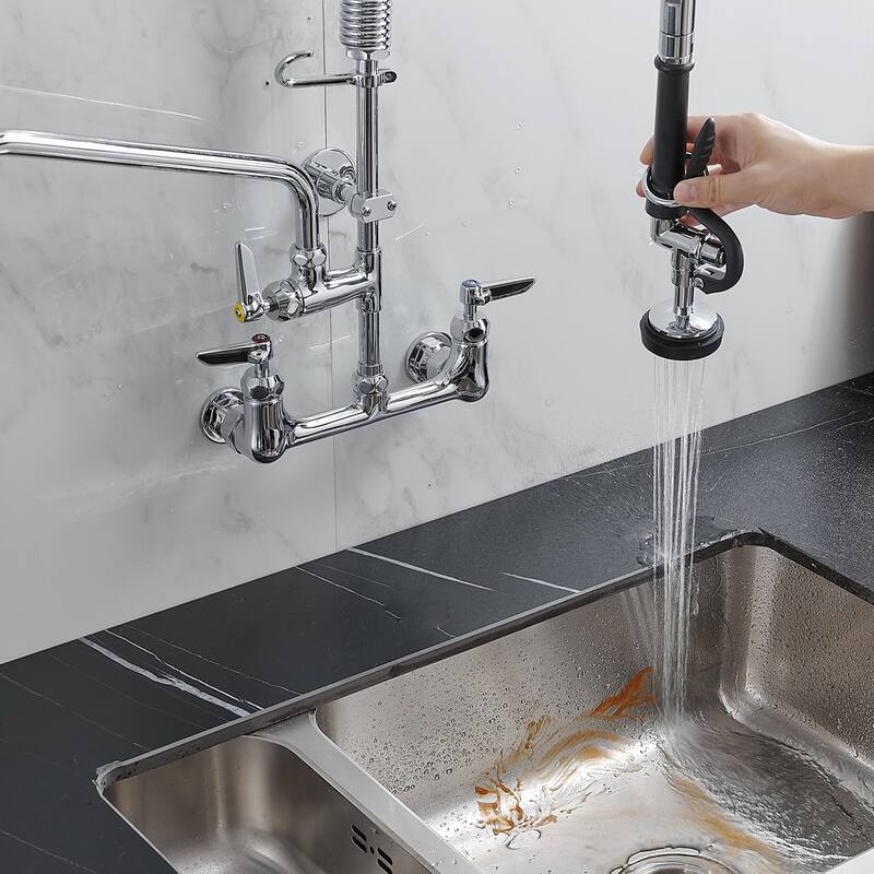 26 Inch Modern Commercial Brushed Nickel Kitchen Faucet with Pre-Rinse Sprayer - 8 In. W X 25 In. H X 8 In. D