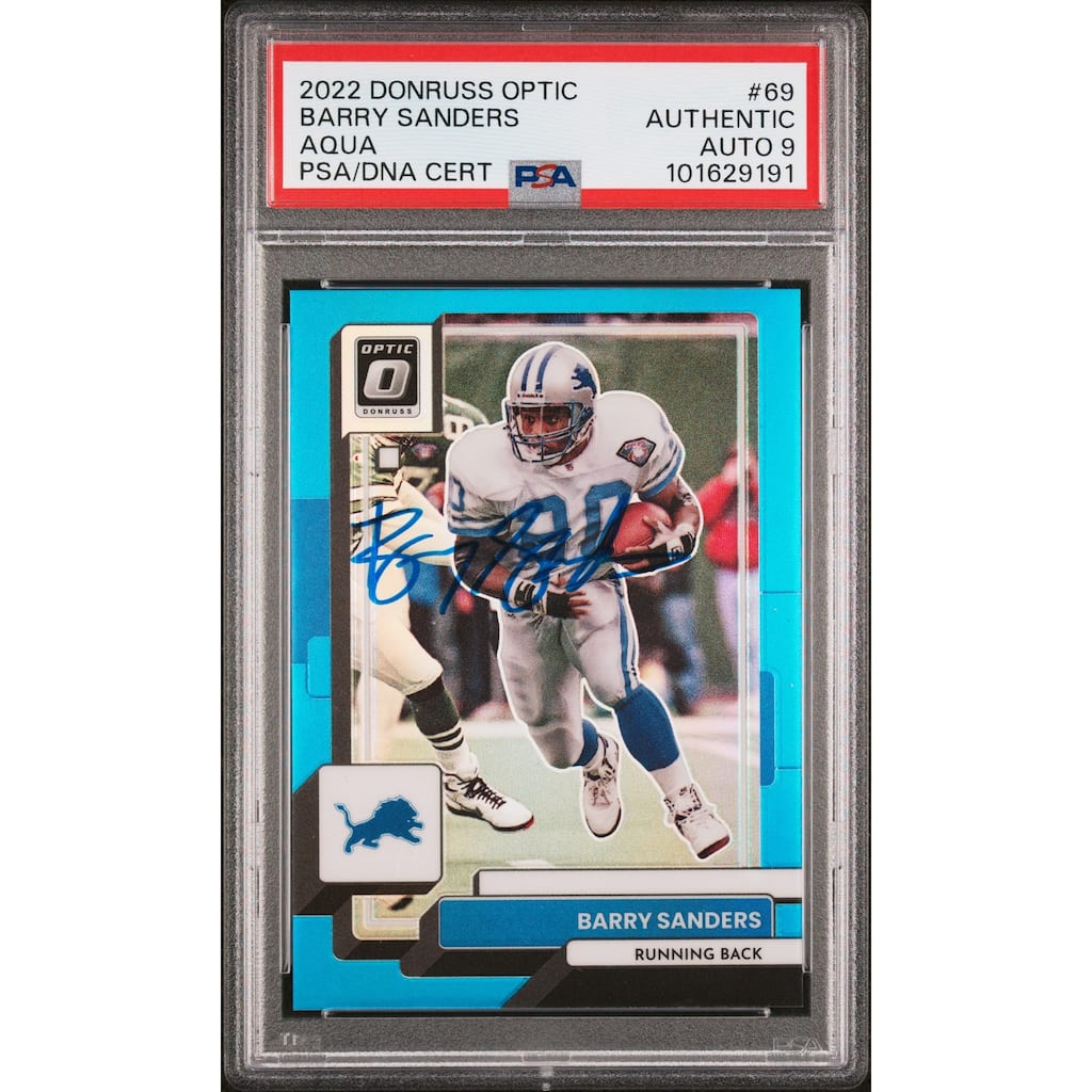 Barry Sanders 2022 Panini Donruss Optic Aqua Blue Card #69 Auto PSA 9 31/299 - 8' x 11'