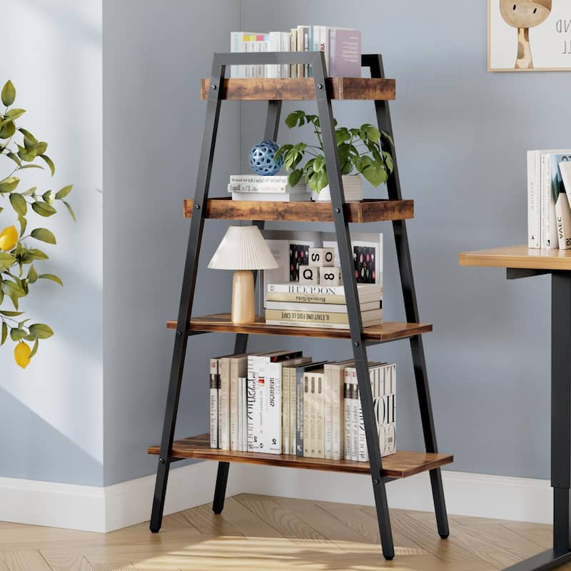 VECELO Modern 4-Tier Corner Ladder Bookshelf Metal & Waterproof MDF Shelves for Living Room Kitchen & Bathroom Corner Bookcase - Brown