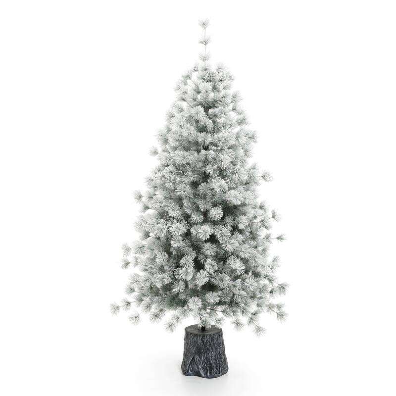 5.5Ft Snow Flocked Full Artificial Pine Needles Christmas Tree Potted - 66" H x 35.4" Diameter