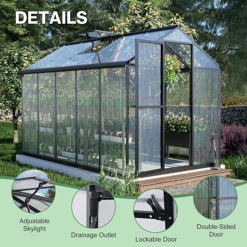 Aoodor 6' x 10' Polycarbonate Walk-in Greenhouse with Aluminum Frame and Roof Vent