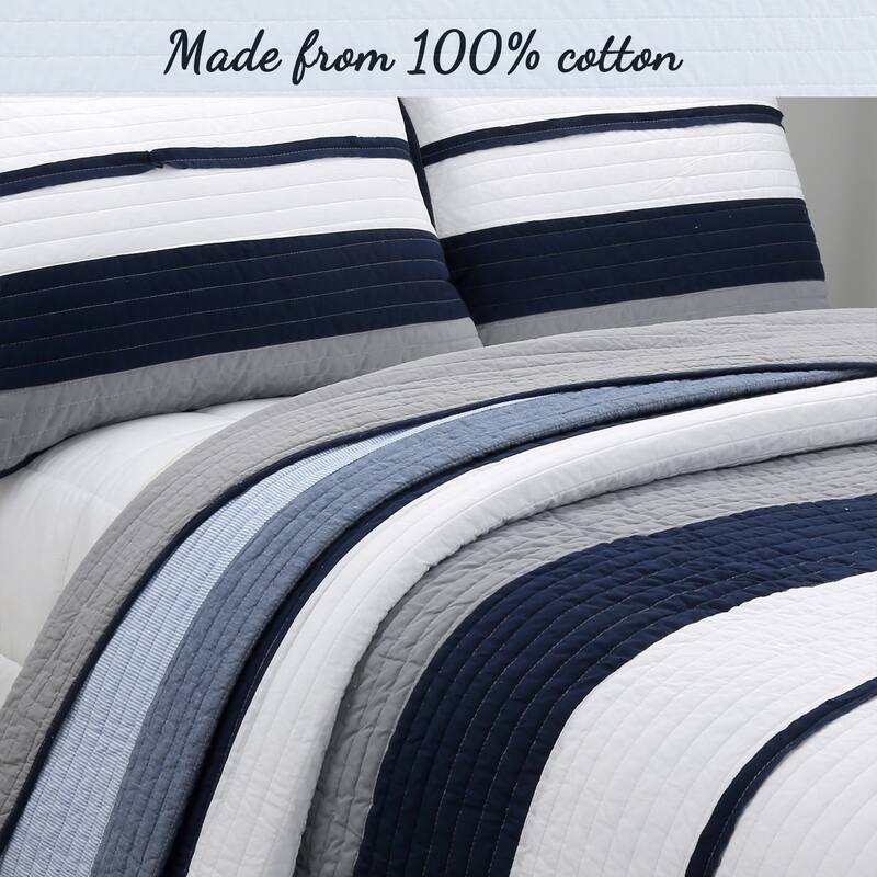 Cozy Line Tranquil Blue Gray Stripes Cotton Quilt Bedding Set
