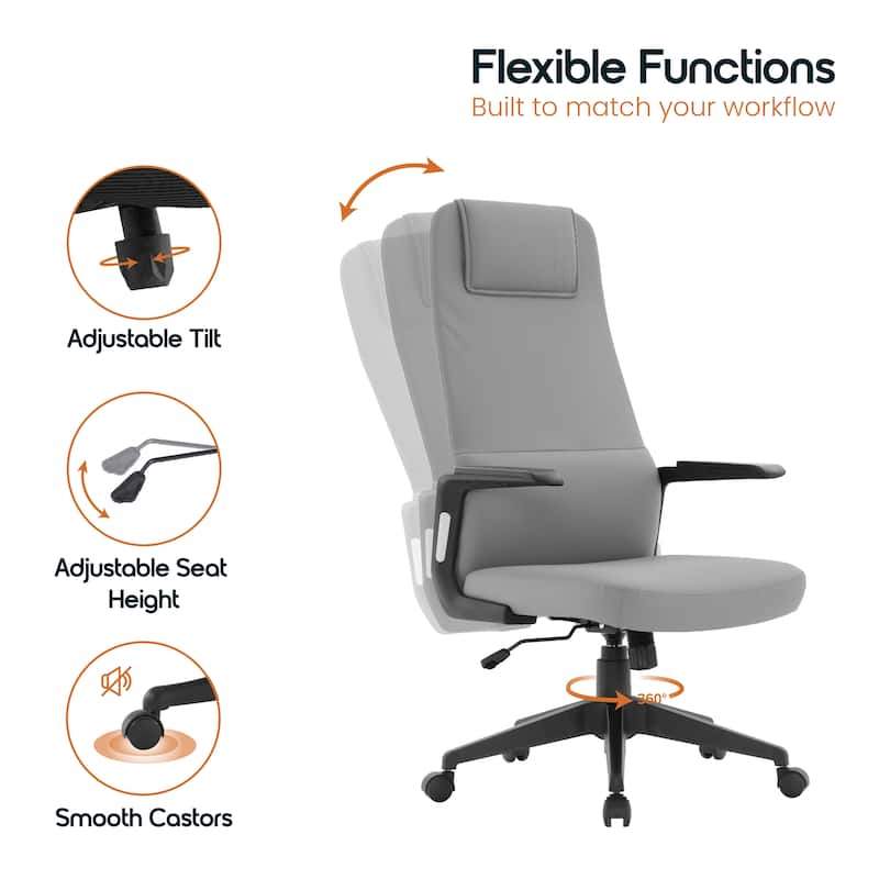 Nexa Ergonomic Leather/Polyester High-Back Office Chair with Padded Headrest, Adjustable Height, Swivel, and Smooth Casters
